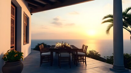 Fototapeta premium sunset dinner, ocean view terrace - coastal living