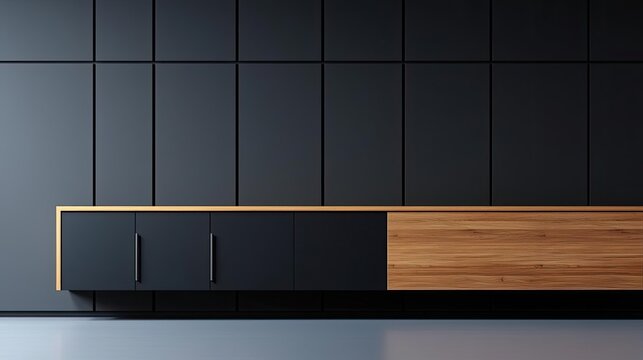 Minimal furniture concept. Modern minimalist cabinet with black and wooden design against a sleek wall.