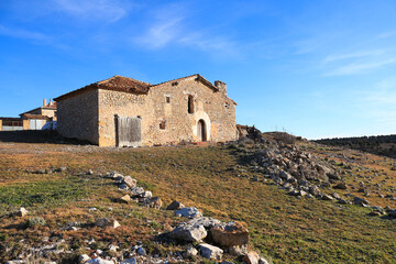 Abandoned stone farmhouse in the countryside in Teruel, Spain