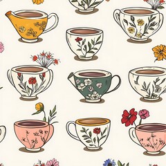Seamless Pattern of Decorative Tea Cups with Floral Design 