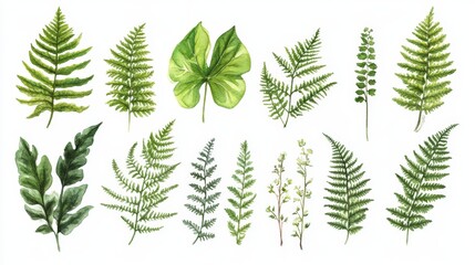Watercolor Botanical Illustrations of Various Green Ferns and Leaves