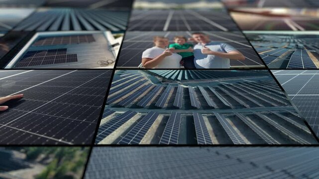 Climate change action concept with solar panels, renewable energy use, and environmental solutions to reduce global warming effects. High quality 4k footage