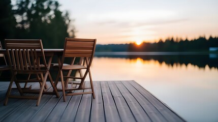 Fototapeta premium sunset lake view: wooden deck chairs - golden hour photography