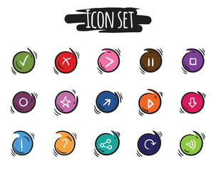 Bright vector set of round colored buttons with symbols, arrows, signs and shapes. Simple hand drawn icons for website, banner, app design