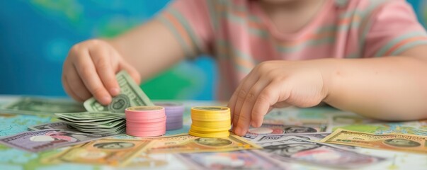 Photo of a child learning about the value of money using different denominations of play money, with a vibrant and educational backdrop