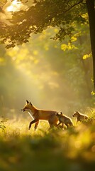 Fototapeta premium A fox and its cubs walk through a sunlit forest, highlighting nature's beauty.