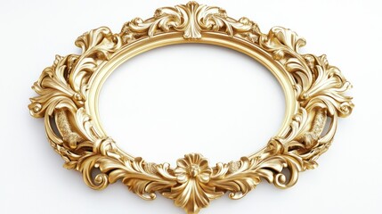 Oval gold ornate frame isolated on white background.