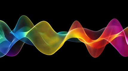 Glowing holographic waveforms interacting with particle effects in a dynamic digital composition. Copy space.