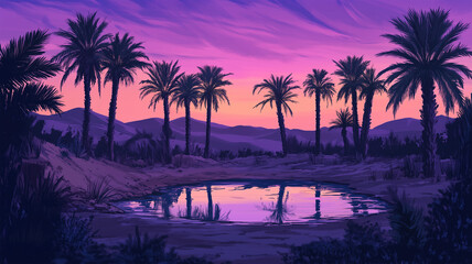 Obraz premium 砂漠のオアシスと夕暮れの美しい風景イラスト