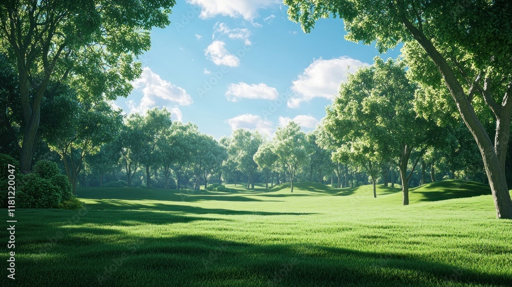 Poster lush green forest with sunlight streaming through trees, creating dappled shadows on a grassy meadow