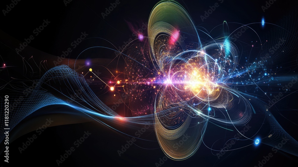 Aufkleber quantum particles and glowing light beams forming intricate scientific patterns on a dark gradient. 
