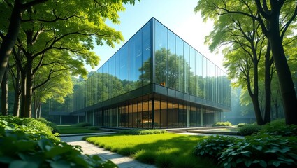 Obraz premium Glass building amidst green surroundings