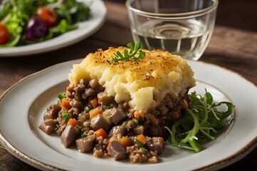 A plate of shepherd&rsquo;s pie with a golden, crispy mashed potato topping