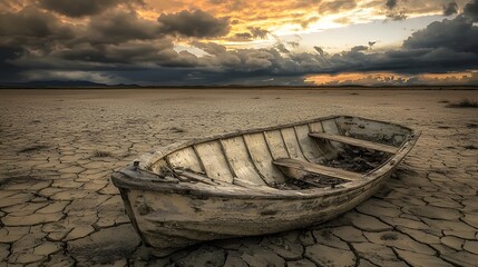 An abandoned boat stranded on a dry lakebed under a cloudy sky.