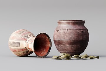 Unique old-fashioned vase, placed with branches on a 3d gray background.