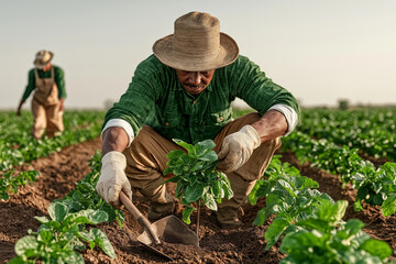 A person planting a young tree, highlighting care for the environment and sustainability, with a peaceful, nature-filled background.