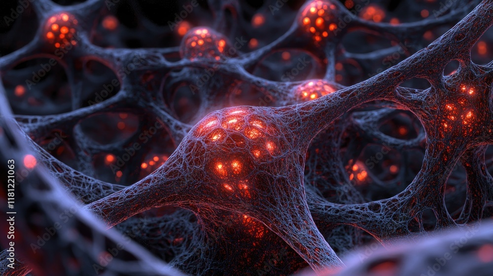 Poster d visualization of glowing biological networks in an abstract, interconnected space. copy space.