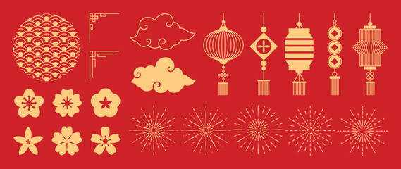 Happy Chinese and Japanese New Year 2025 element vector set. Chinese Lanterns, firework, cloud, coin, cherry blossom flower, corner. Oriental Icons of Asian Lunar New Year holiday decoration vector.