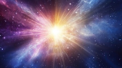 Abstract digital art of fractal energy bursts with vibrant hues against a deep cosmic background. Copy space.