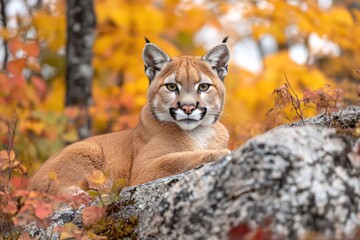 Majestic Cougar in Autumnal Forest Golden Leaves Rock