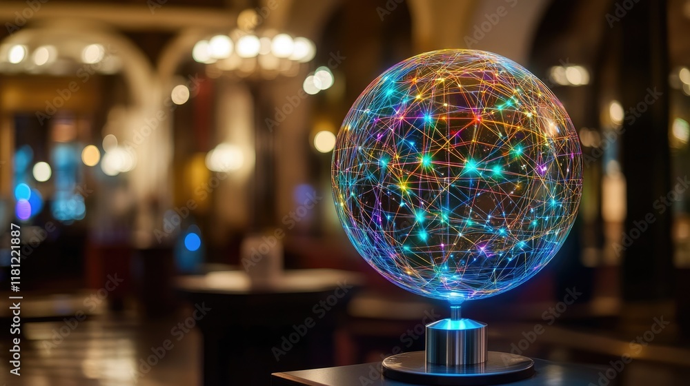 Poster abstract glass globe glowing with data points, symbolizing global innovation. copy space.