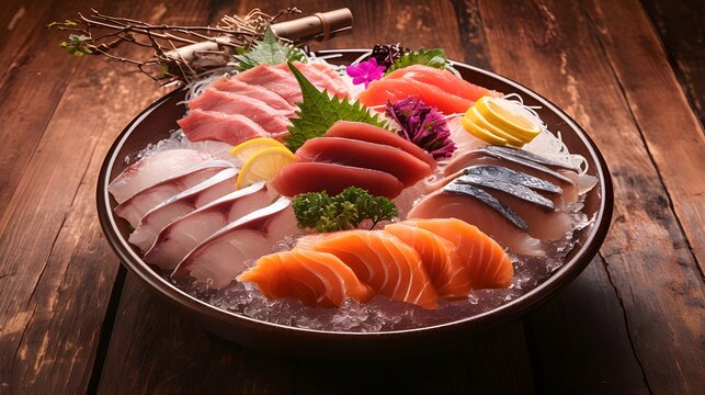 Fresh sashimi platter served on ice with warm lighting, ideal for culinary blogs or gourmet food photography