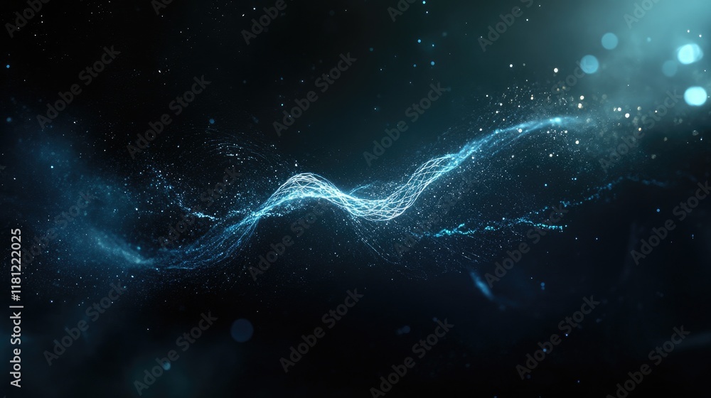 Poster abstract glowing dna strand floating in a dark space, surrounded by blue particles and waveforms, sy