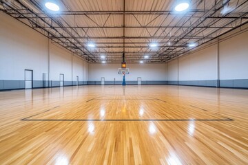 A spacious indoor basketball court with polished wooden floors.
