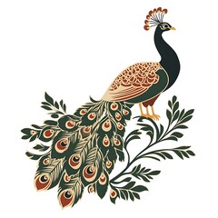 Fototapeta premium Colorful peacock perched on decorative foliage.