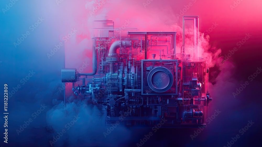 Poster abstract holographic projection of a mechanical assembly, floating in a dark gradient space. copy sp