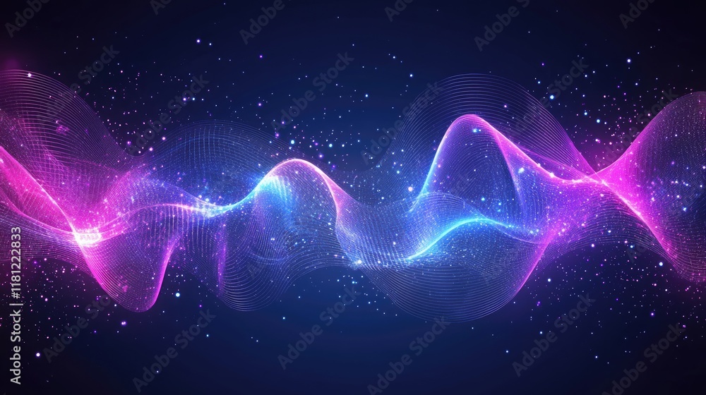 Poster abstract light beams and particles creating the illusion of motion and innovation, over a dark blue 