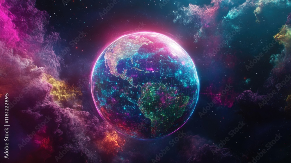 Aufkleber abstract holographic earth with glowing data lines orbiting, symbolizing global connectivity. copy s