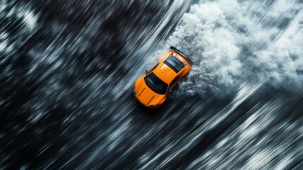 aerial drift racing, orange sports car, tire marks on asphalt, billowing smoke trails, dramatic top-down perspective, moody atmosphere, dynamic motion capture