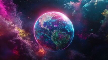 Abstract holographic Earth with glowing data lines orbiting, symbolizing global connectivity. Copy space.
