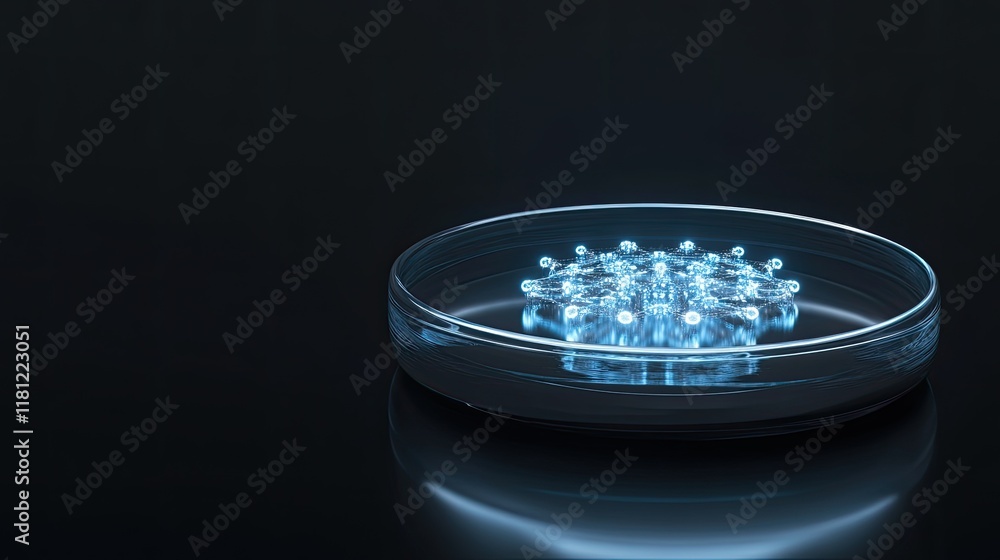 Poster abstract representation of nanobots inside a glowing droplet on a dark reflective surface. copy spac