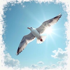 Fototapeta premium Seagull in the sky, free flight. Illustration, drawing in retro grunge style - generative AI