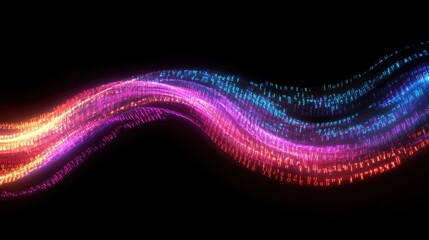 Abstract wave of binary code in neon colors flowing across a black background, symbolizing data processing. Copy space.