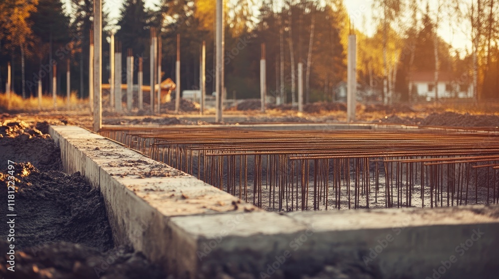 Poster an empty construction site foundation with rebar and formwork, awaiting concrete pour. copy space.