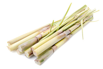 Fototapeta premium Photo of lemongrass stalks, isolated on white background , lemongrass isolate on white background , Image showcasing fresh lemongrass stalks neatly laid out on a white background, ideal for culinary