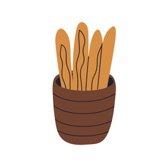 French baguettes in basket. Fresh bakery, baked whole cereal wheat bread sticks with crust. Homemade food. Bagette, breakfast product. Flat vector illustration isolated on white background