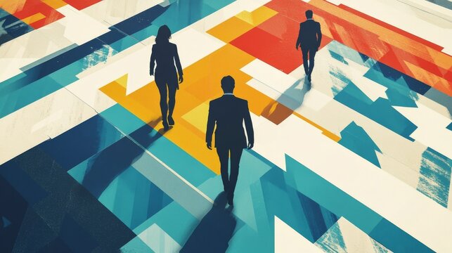 contemporary business art, ascending arrow pattern, diverse professional figures, minimal color scheme, upward movement composition, corporate race concept, simplified geometric style