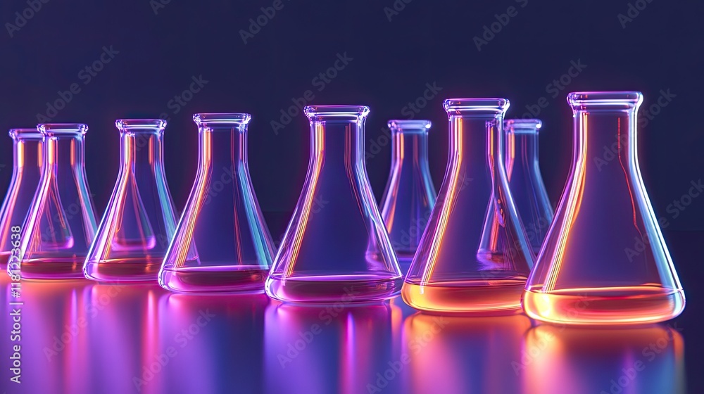 Poster array of glowing chemical flasks with liquids in gradient colors on a sleek reflective surface. copy