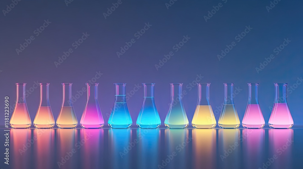 Poster array of glowing chemical flasks with liquids in gradient colors on a sleek reflective surface. copy