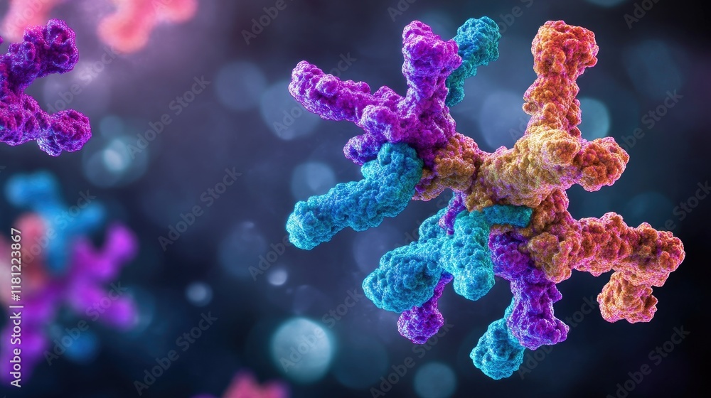 Poster artistic representation of glowing antibodies binding to virus particles in a futuristic style. copy