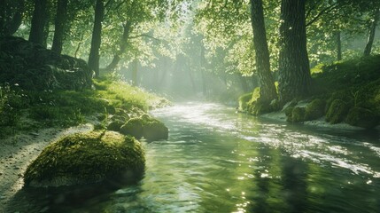 Obraz premium Serene Forest River: A Tranquil Escape in Nature's Embrace
