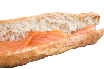 smoked salmon steak sandwich french baguette isolated on white png transparent background