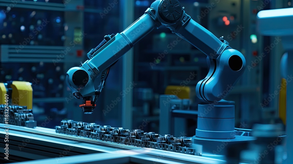 Poster a close-up of a robotic arm's precision movements on a high-tech conveyor system in an industrial fa