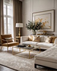 Obraz premium Modern home with large windows neutral color couch golden furniture and abstract art on the wall above Contemporary Interior Design Livingroom Inspiration