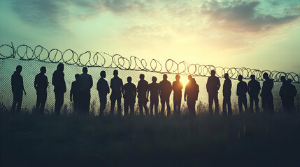 Sunset Silhouette Illustration: Refugees at a Border Fence