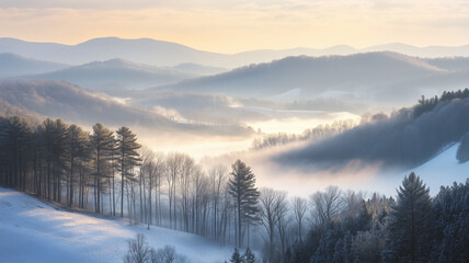Fototapeta premium 霧に包まれる冬の山と頂上に差し込む光の幻想風景